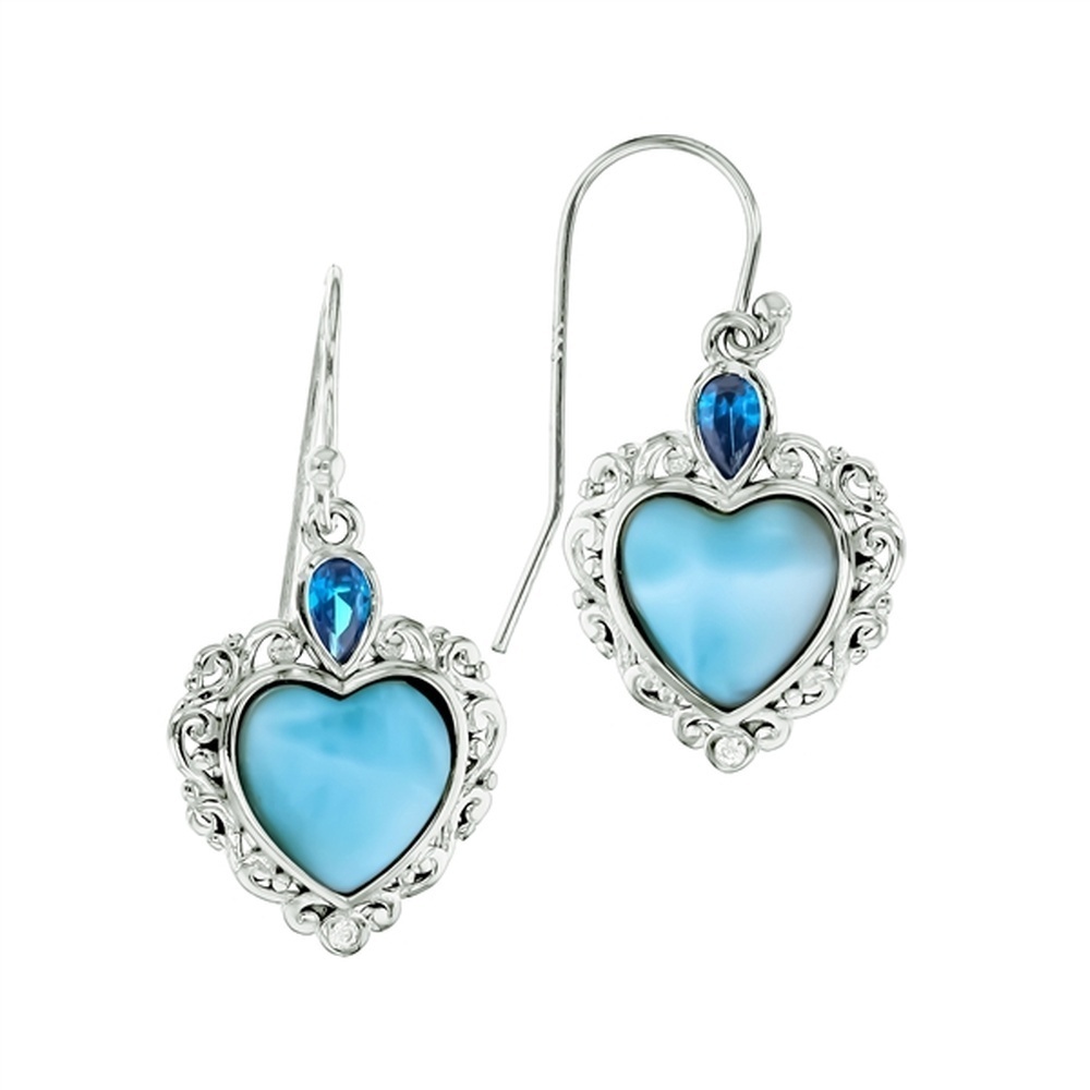 Larimar Heart Filigree Frame w Teardrop Dark Aqua Bezel CZ Earrings French Wire